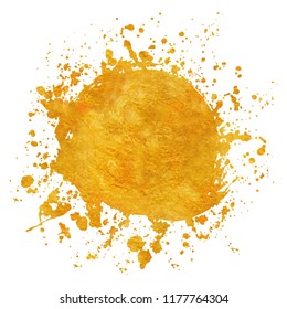 Splatter gold round frame backgrounds paints set with golden splash on white. Grunge blots and drops. High quality manually traced vector illustration