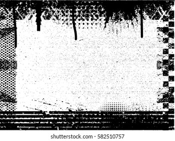 Splatter Grain Paint Texture with Scratched, distressed border frame. Distress Grunge background. Black Spray Blot of Ink.Place illustration Over any Object to Create Grungy Effect .abstract vector.