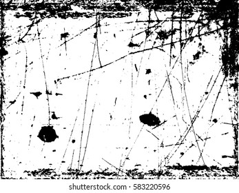 Splatter Grain Paint Texture with Scratched, distressed border frame. Distress Grunge background. Black Spray Blot of Ink.Place illustration Over any Object to Create Grungy Effect .abstract vector.
