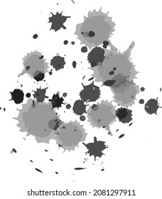 Splatter messy splash spot grey monochrome vector. Liquid painting ink drip drop, splashing artistic dirty grunge abstract blot design concept. Splattered black dot flat cartoon illustration