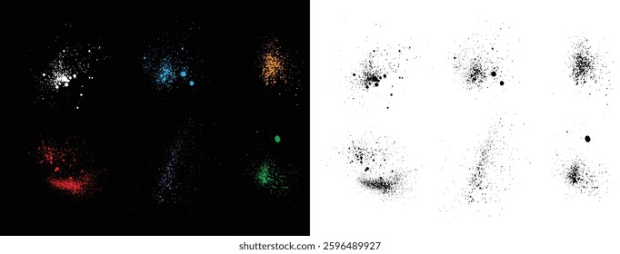Splatter orange, blue, white, green, purple, red blood and black color grunge texture crime blood vector collection