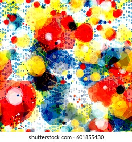 Splatter paint background with dots. Abstract seamless texture. Blue, white, red, yellow colors