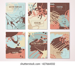 Splatter paint banners set, creative vintage card design. Brush strokes and drops. Hand Drawn textures. Vector Illustration.