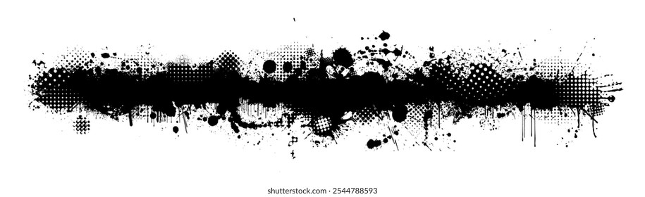 Splatter Paint Texture . Long horizontal Black Spray Blot of Ink. Place illustration Over any Object to Create Grungy Effect . hand drawn. Not AI, Vector.