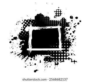 Splatter Paint Texture . Rectangular frame. Black Spray Blot of Ink. Place illustration Over any Object to Create Grungy Effect . hand drawn. Not AI, Vector.