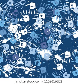 Splatter paint wallpaper with hand print tracks - grunge Abstract handprint vector seamless pattern
