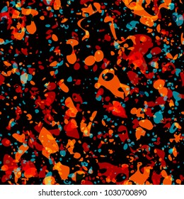Splatter seamless texture. Blue, black, orange, brown colors. Abstract vector background for web page, banners backdrop, fabric, home decor, wrapping