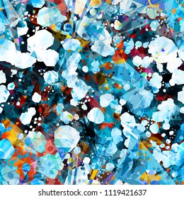Splatter seamless texture. Blue and colored elements. Abstract vector background for web page, banners backdrop, fabric, home decor, wrapping