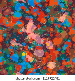 Splatter seamless texture. Blue, red, green colors. Abstract vector background for web page, banners backdrop, fabric, home decor, wrapping