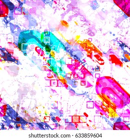 Splatter seamless texture from geometrical shapes and blots. Abstract chaotic pattern. Vector background for fabric, wrapping, home decor. 