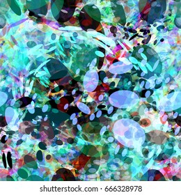 Splatter texture with ovals. Blue background with color inclusion. Seamless texture for wrapping paper, home decor, fabric. Watercolor effect 