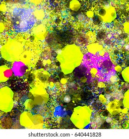 Splatter yellow and purple texture. Chaotic elements. Bright seamless background. Abstract vector pattern for fabric, wrapping, home decor. 