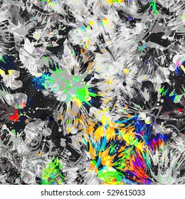 Splattered colors on grey background. Seamless blots texture