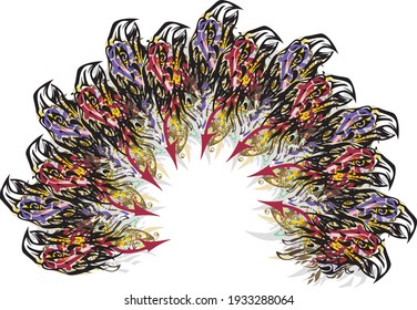 Splattered eagle heads arch with arrows elements. Abstract grunge arch with an unusual pattern, colored floral and golden motifs, feathers and elements of dark red arrows for backgrounds and textures