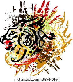 Splattered growling dragon head symbol. An abstract dragon head with colored decorative splashes on a white background for prints, tattoos, textiles, wallpaper, etc.