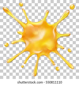Splattered honey or orange juice isolated on transparent background, vector art and illustration.