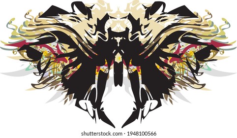 Splattered ornamental butterfly wings with feathers and arrows. Golden and floral motifs, gray feathers and dark red arrows in butterfly wings for prints on T-shirts, textiles, wallpaper, cards, etc.