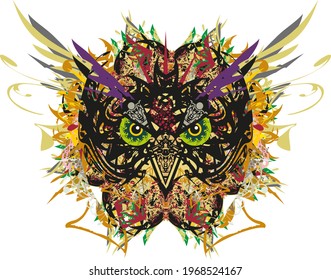 Splattered owl head with feathers and floral elements on white.  Grunge carnival owl mask for holidays and events, tattoos, prints on T-shirts, posters, textiles, cards, wallpaper, etc.