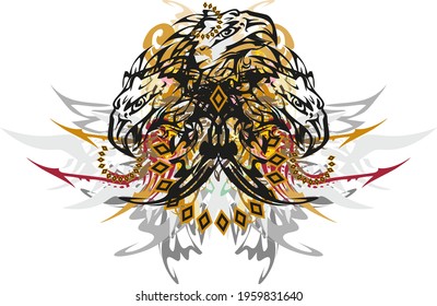Splattered three-headed eagle symbol with arrows elements. Grunge three-heahed eagle with colored floral motifs and gray feather elements for prints, textiles, wallpaper, posters, tattoos, etc.