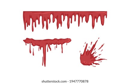 Plantas, cizalladuras y gotas del juego de pinturas de tinta roja, imagen vectorial de dibujos animados en sangre