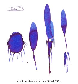 splatters, spots and splashes of blue ink. Vector illustration