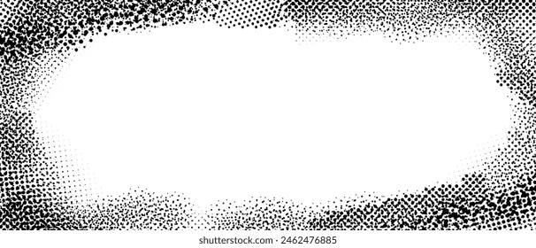 Splayed grunge frame. Halftone dotted edge border for poster, cover, banner, booklet, brochure, magazine, leaflet. Vintage grain scratched background. Textured pop art comic cartoon wallpaper. Vector