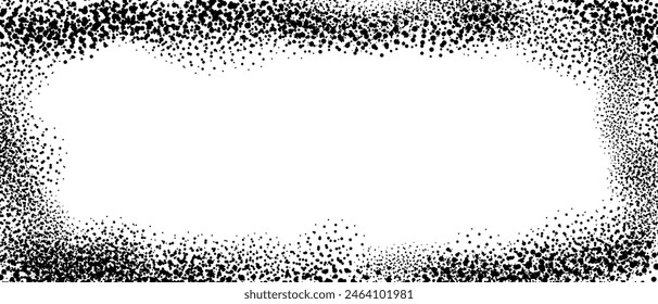 Textur-Rahmen aus gespritztem Grunge. Klassischer zerkratzter Kornhintergrund. Halftone gepunktete Rand für Poster, Cover, Banner, Broschüre, Magazin, Broschüre. Texturierter Schwamm Textur Bildschirmhintergrund. Vektorgrafik