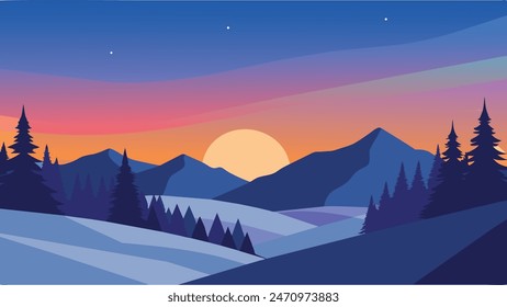 
Splendid Christmas scene in the mountain forest. Colorful winter sunrise flat vector illustration nature background.