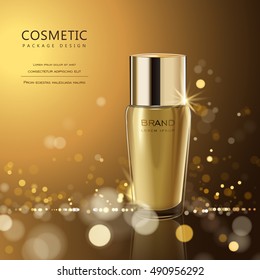 Splendid cosmetic product poster, golden bottle package design with moisturizer cream or liquid, sparkling background with glitter polka, 3D illustration