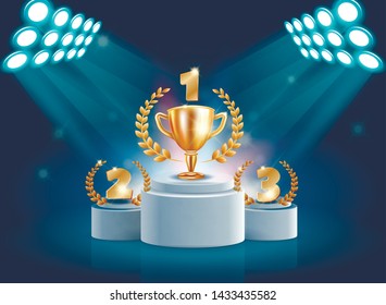 Splendid Flyer Honorary Prize Pedestal Realistic. Stage Equipment for Activities. Light and Sound Equipment Must be Set Up Immediately before Start Event Awarding Winners. Vector Illustration.