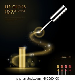 Splendid lip gloss ad template, 3D illustration cosmetic package design isolated on black background, colorful lip gloss collection on lower right