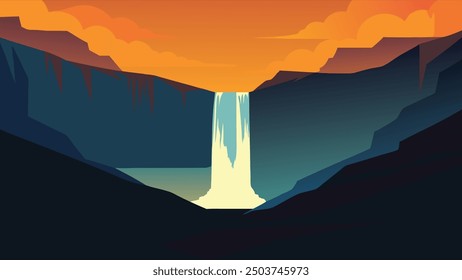 Splendid morning view of famous Svartifoss (Black Fall) Waterfall. Colorful summer scene in Skaftafell, Vatnajokull National Park, Iceland, Europe flat vector illustration.