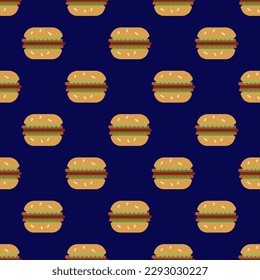 Splendid square tile adorned with a captivating food artwork. Seamless pattern with hamburguer  on oxford blue background. Design for flyers to make them engaging.