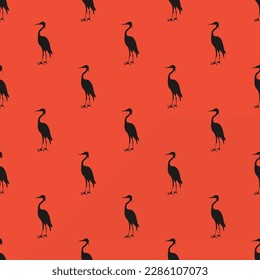 Splendid square tile showcasing a whimsical animal engraving. Seamless pattern with bird crane shape on dark jungle green background. Design for a greeting card with an animal portrait.