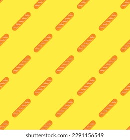 Splendid square tile showcasing a whimsical food engraving. Seamless pattern with baguette on black leather jacket background. Design for a tamper-proof wrap for French fries.