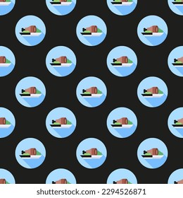 Splendid square tile showcasing a whimsical food engraving. Seamless pattern with ham on dark jungle green background. Design for an insulating wrap for French fries.