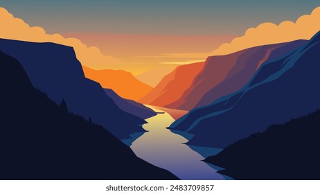 Splendid summer sunset of Sunnylvsfjorden fjord canyon, Geiranger village location, western Norway. flat vector illustration