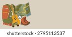 Splendid vector illustration of a wide horizontal camping banner showing a big tourist backpack paper navigation map compass binoculars guitar and boots with plenty of room for text. Vector illustration