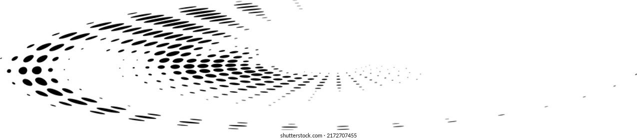 Splendidly twisted elongated dotted or polka dot spiral or swirl. Halftone dotted line. Vector.