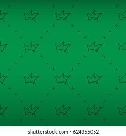 Splendor regal seamless pattern with beautiful green simple crown ornament signs in style of fashion on emerald green shaded background with cross mesh fill out. Wallpaper, curtain design.