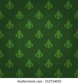 Splendor regal seamless pattern with bright green queenly iris ornament signs in style of fashion on nature green shaded background with polka dot fill out. Decoration design for wrapping paper.