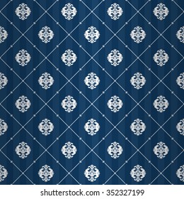 Splendor Regal Seamless Pattern With Classic White Floral Heraldic Ornament Elements On Royal Blue Shine Striped Background With Line Tile Fill Out. Elegant Texture For Wallpapers, Curtains.