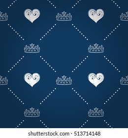 Splendor regal seamless pattern with classic white tiara and tight heart ornament signs in style of fashion on royal blue vignett background with polka dot border fill out.