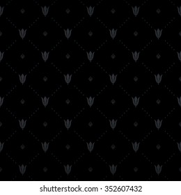 Splendor regal seamless pattern with dark gray tulip and heraldic fleur-de-lys ornament elements on classic black shining background with lily and rhomb fill out. Wallpaper, curtain design.