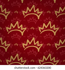Splendor regal seamless pattern with gold princess crown ornament signs in style of fashion on empire red shaded background. Design for wallpapers and textile print.