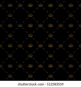 Splendor regal seamless pattern with golden crown and corona ornament signs in style of fashion on deep black shining background with styled spear fill out. Design for wallpapers and textile print.