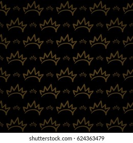 Splendor regal seamless pattern with golden princess crown ornament signs in style of fashion on deep black shaded background. Wallpaper, curtain design.