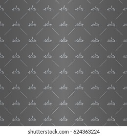 Splendor regal seamless pattern with light black crown ornament signs in style of fashion on silver gray shining background with line tile fill out. High quality decor design.