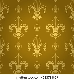 Splendor regal seamless pattern with soft gold royal lily ornament signs in style of fashion on elegant golden vignett background. Decoration design for wrapping paper, invitation and greeting card.