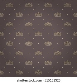 Splendor regal seamless pattern with soft gray tiara ornament signs on dust rose brown shaded background with round fill out. Decoration design for wrapping paper, invitation and greeting card.